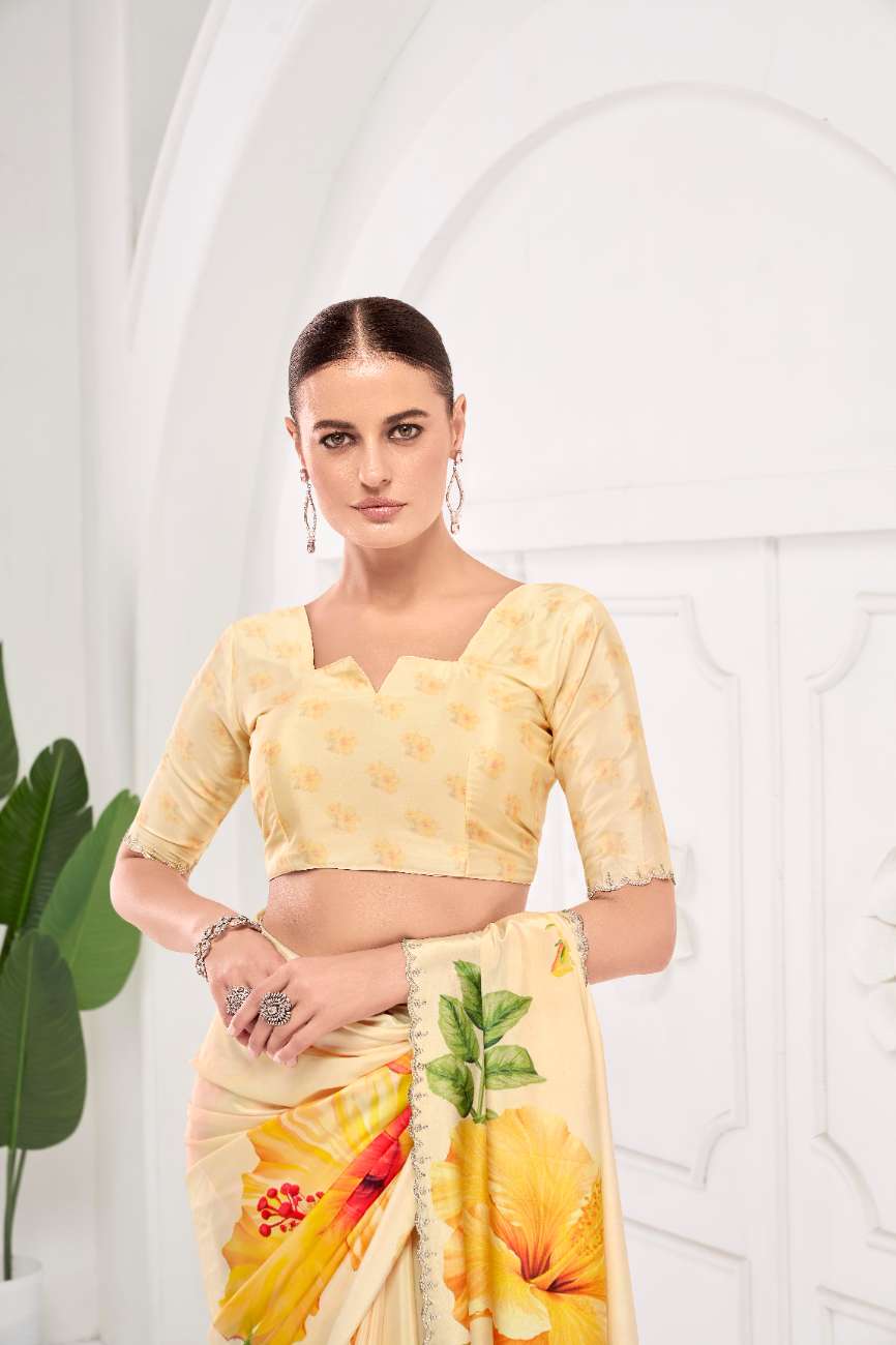GARDERNIA – Crepe Silk Saree with Floral Print & Crystal Border