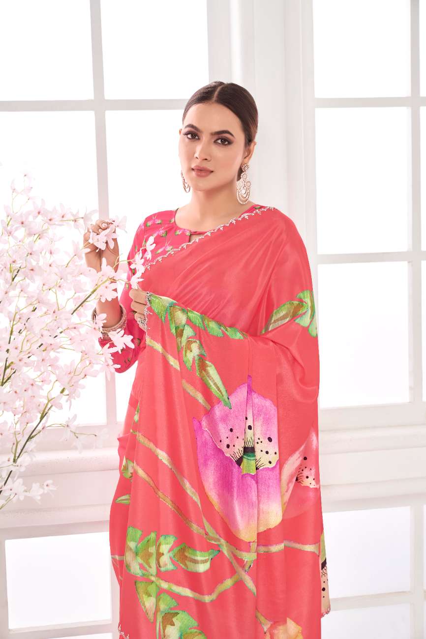 GARDERNIA – Crepe Silk Saree with Floral Print & Crystal Border