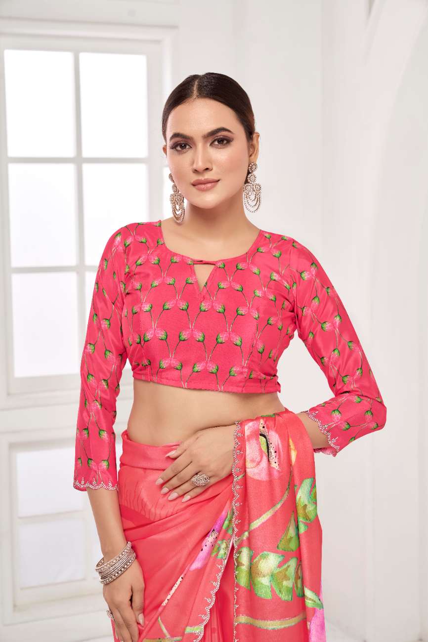 GARDERNIA – Crepe Silk Saree with Floral Print & Crystal Border