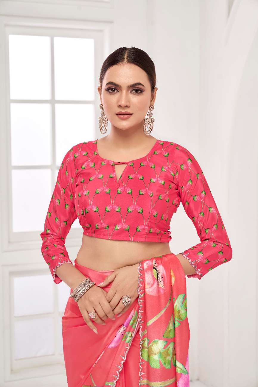 GARDERNIA – Crepe Silk Saree with Floral Print & Crystal Border