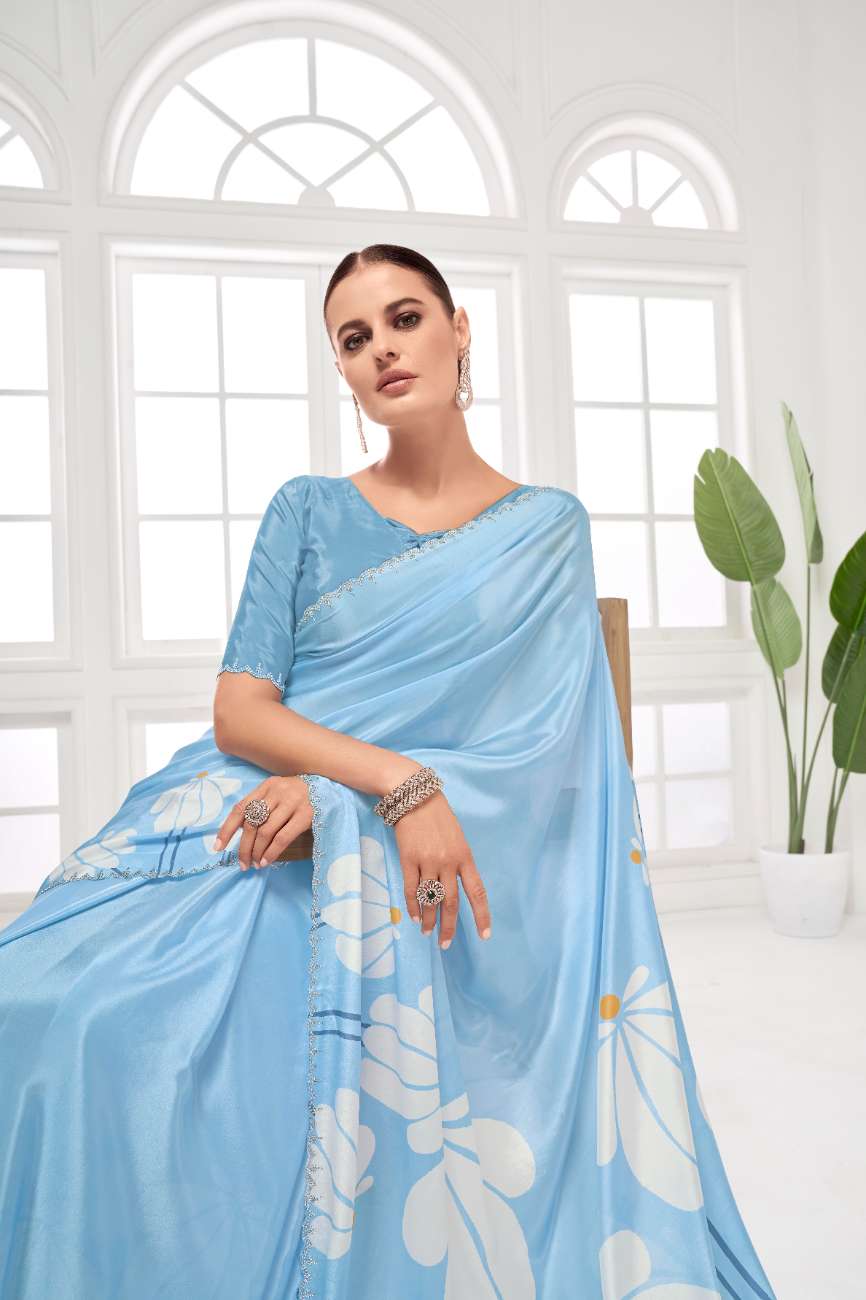 GARDERNIA – Crepe Silk Saree with Floral Print & Crystal Border
