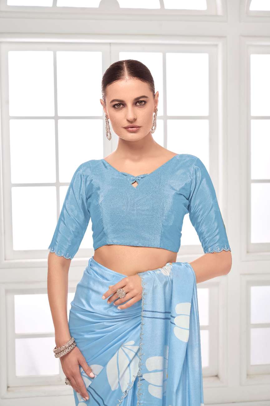 GARDERNIA – Crepe Silk Saree with Floral Print & Crystal Border