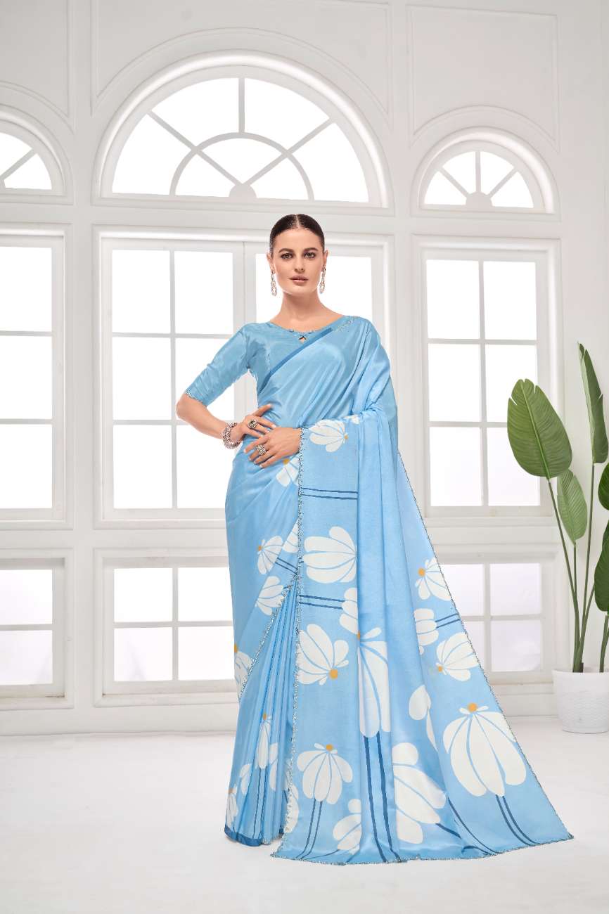 GARDERNIA – Crepe Silk Saree with Floral Print & Crystal Border