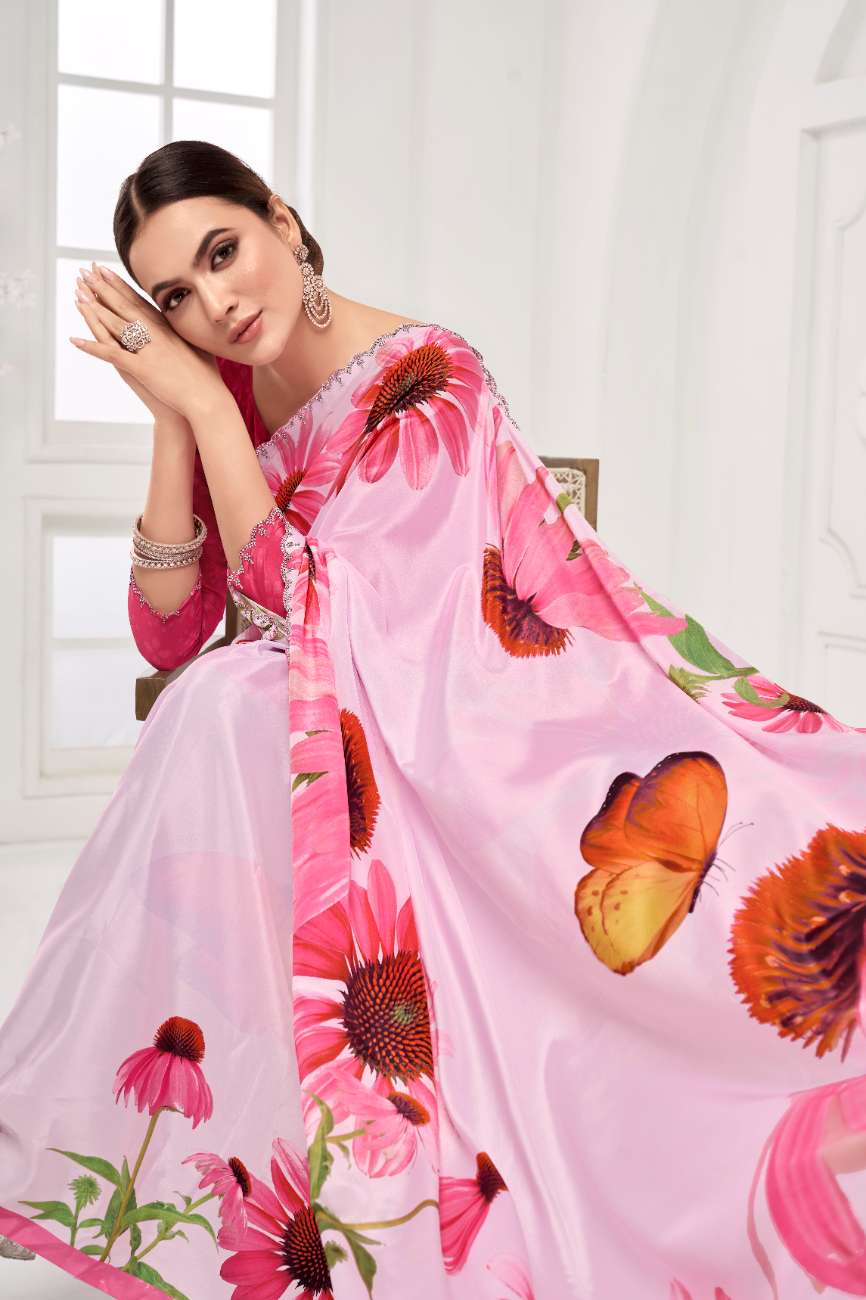GARDERNIA – Crepe Silk Saree with Floral Print & Crystal Border