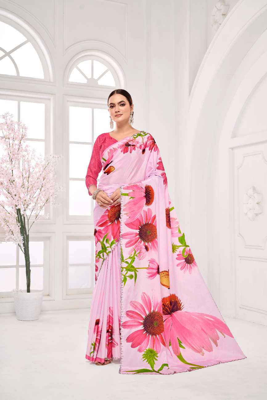 GARDERNIA – Crepe Silk Saree with Floral Print & Crystal Border
