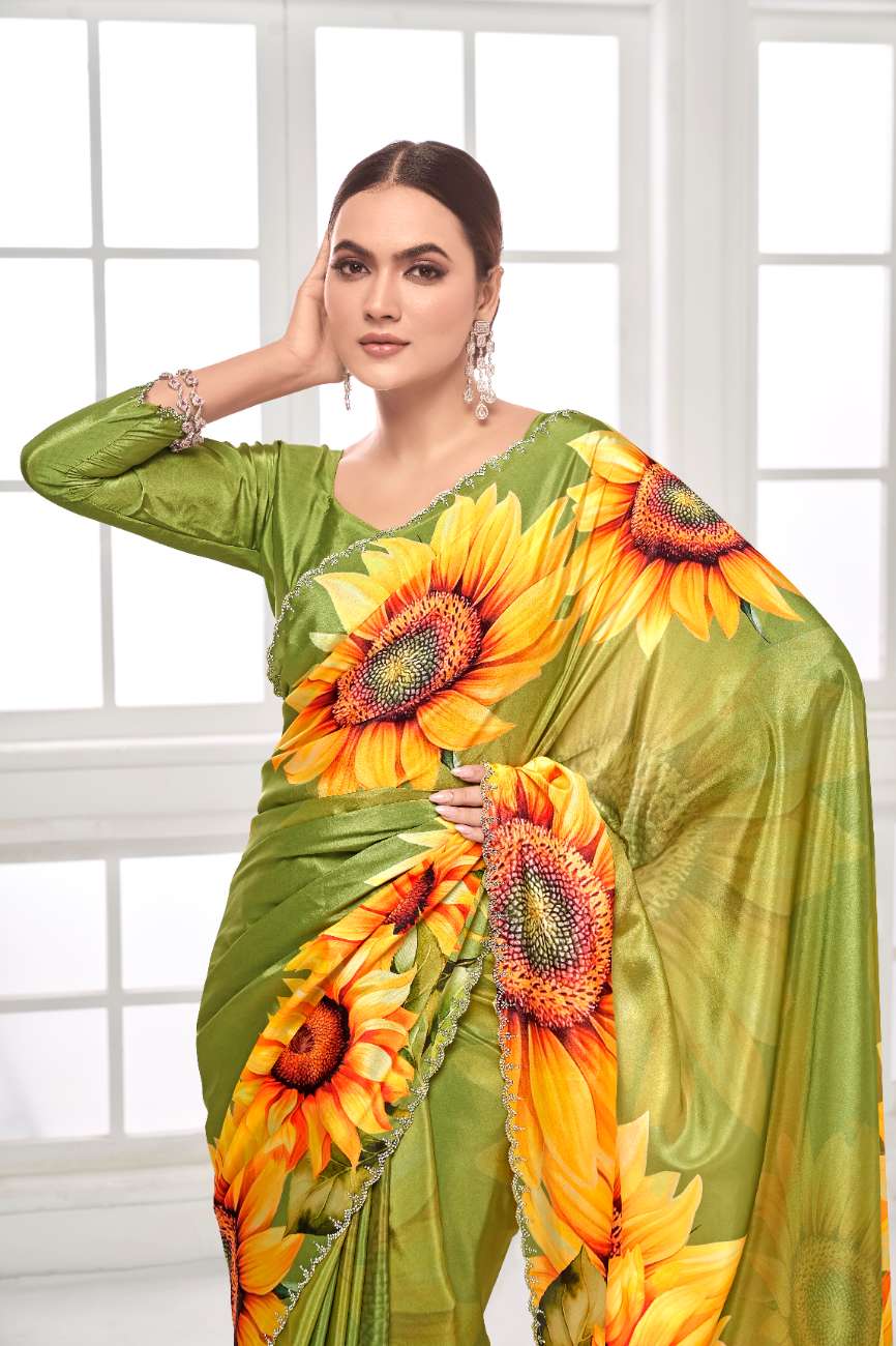 GARDERNIA – Crepe Silk Saree with Floral Print & Crystal Border