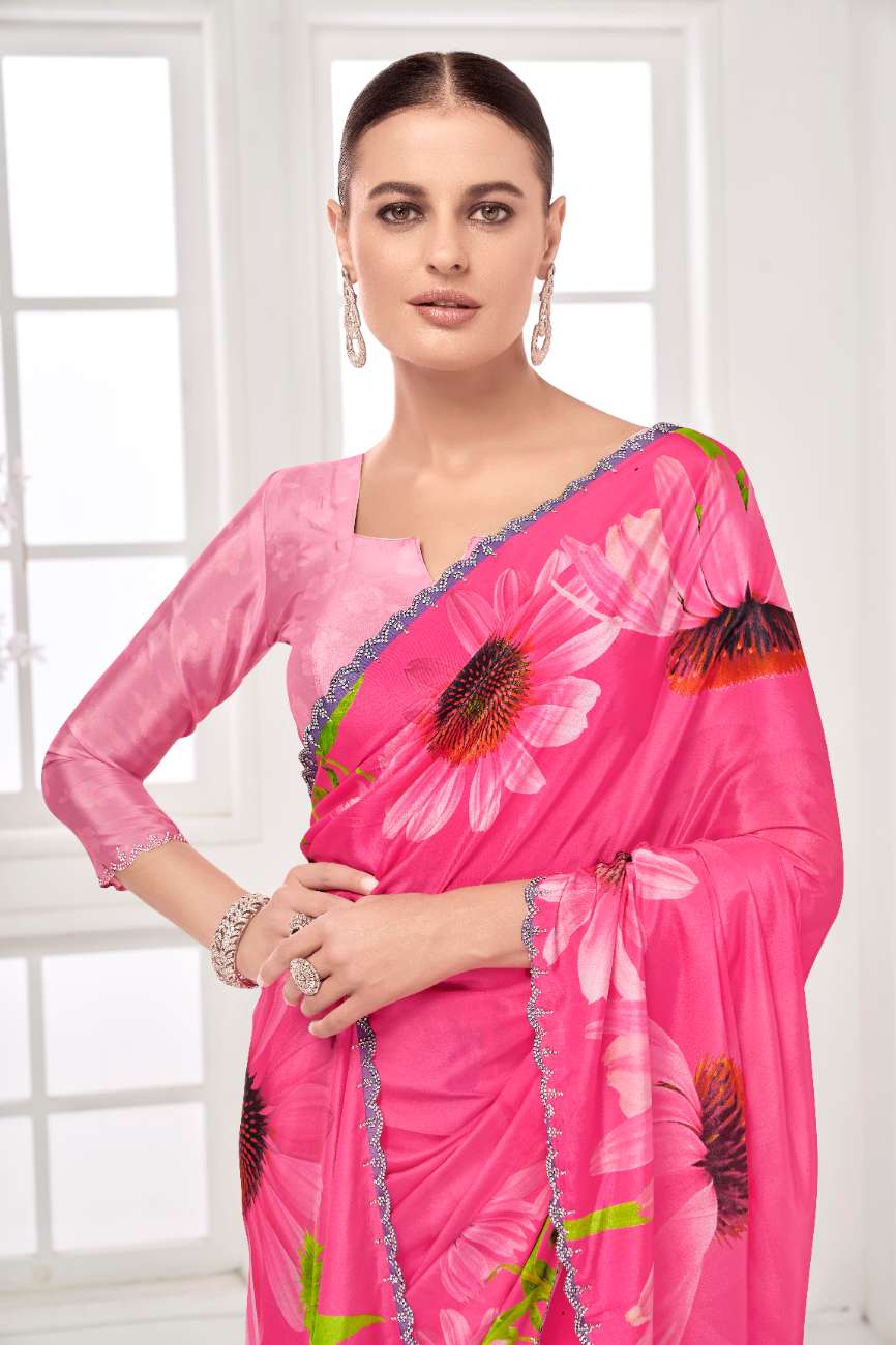 GARDERNIA – Crepe Silk Saree with Floral Print & Crystal Border