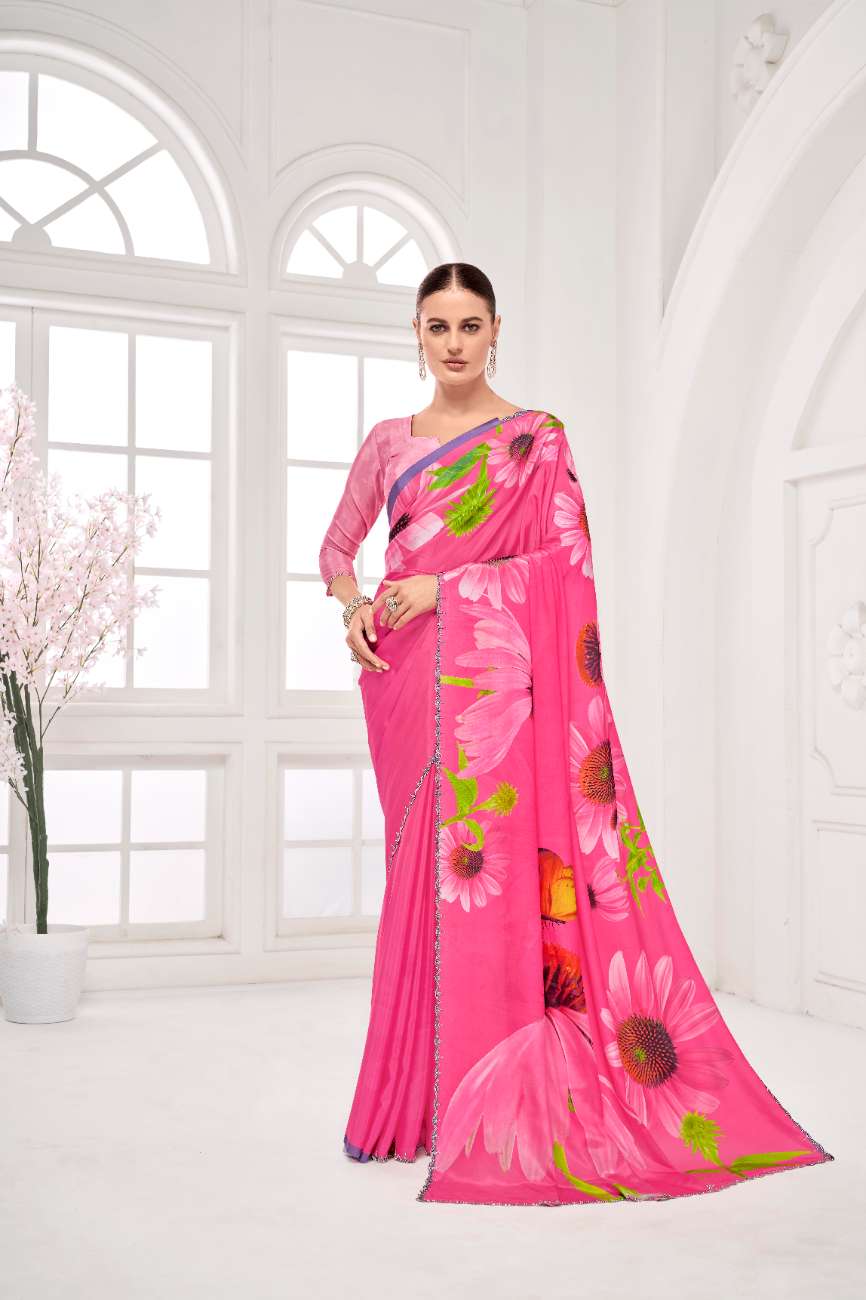 GARDERNIA – Crepe Silk Saree with Floral Print & Crystal Border