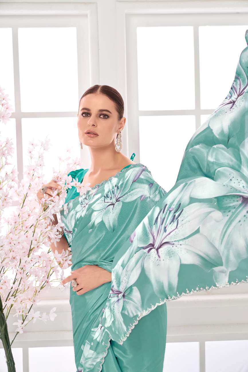 GARDERNIA – Crepe Silk Saree with Floral Print & Crystal Border