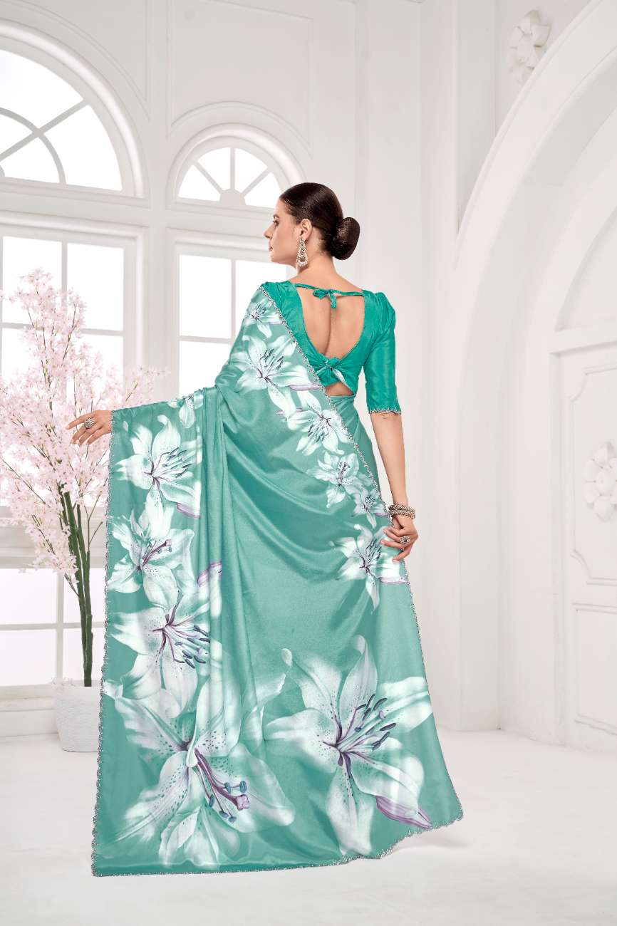 GARDERNIA – Crepe Silk Saree with Floral Print & Crystal Border
