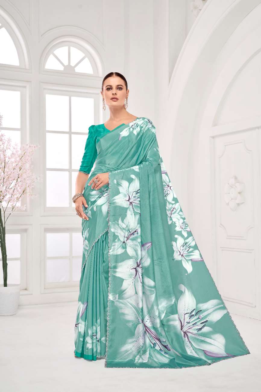GARDERNIA – Crepe Silk Saree with Floral Print & Crystal Border