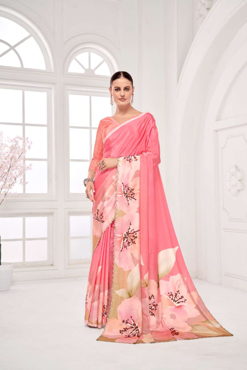 GARDERNIA – Crepe Silk Saree with Floral Print & Crystal Border