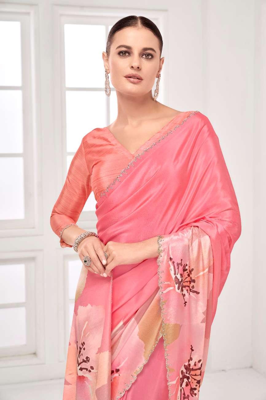 GARDERNIA – Crepe Silk Saree with Floral Print & Crystal Border