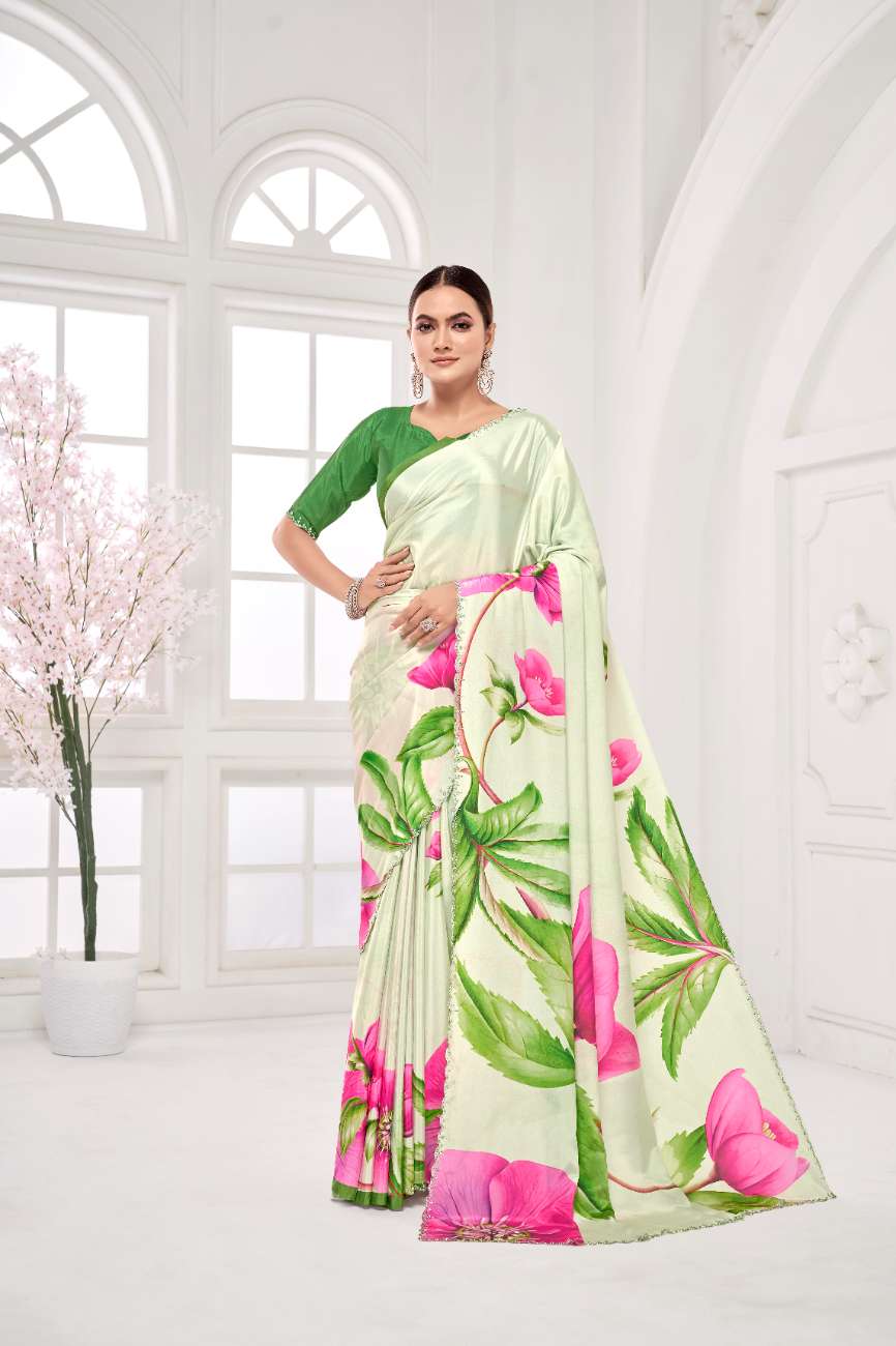 GARDERNIA – Crepe Silk Saree with Floral Print & Crystal Border