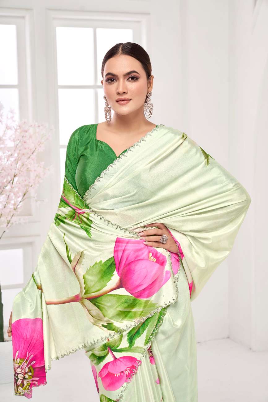 GARDERNIA – Crepe Silk Saree with Floral Print & Crystal Border