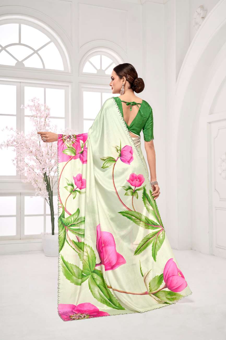 GARDERNIA – Crepe Silk Saree with Floral Print & Crystal Border