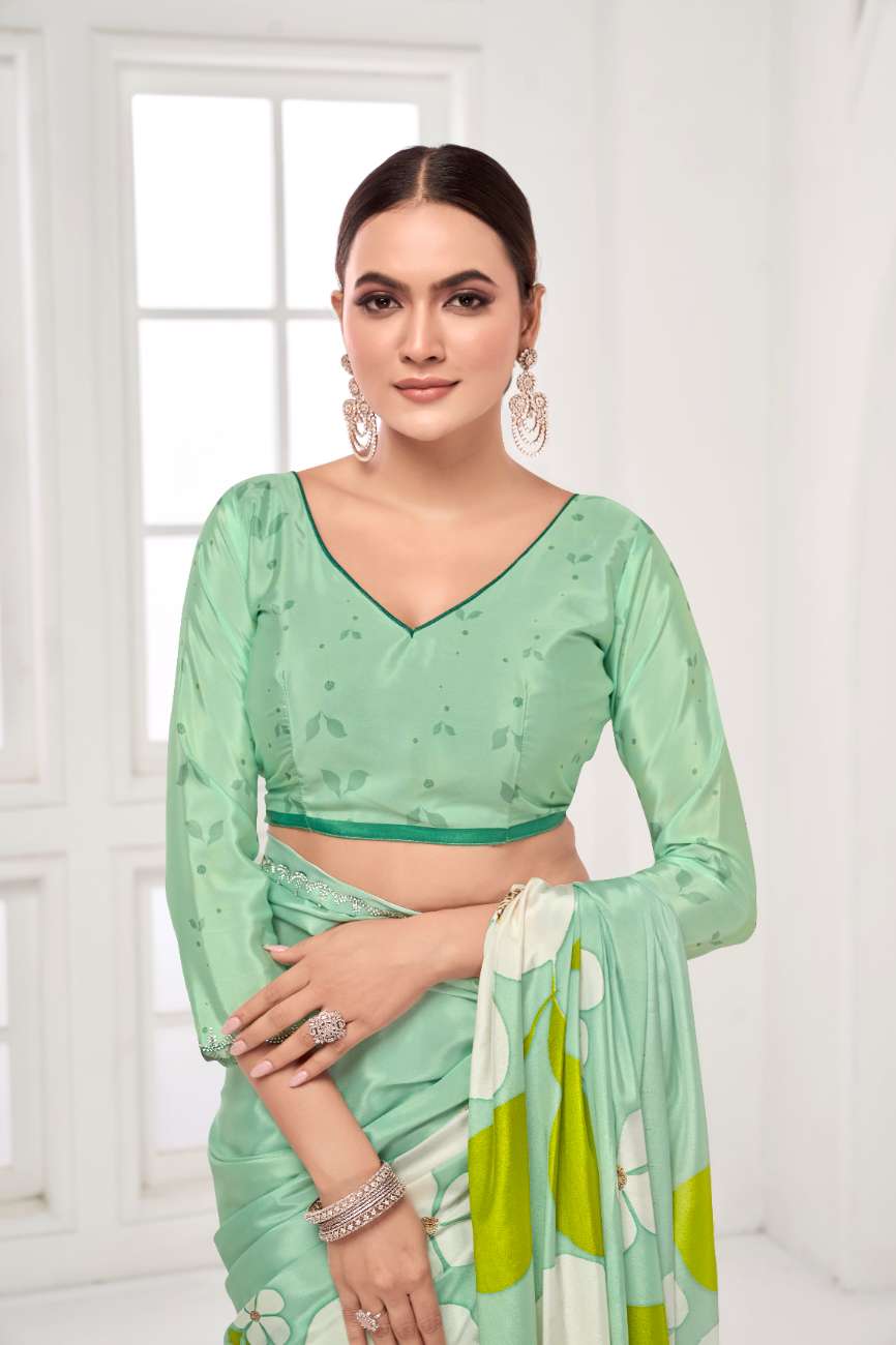 GARDERNIA – Crepe Silk Saree with Floral Print & Crystal Border