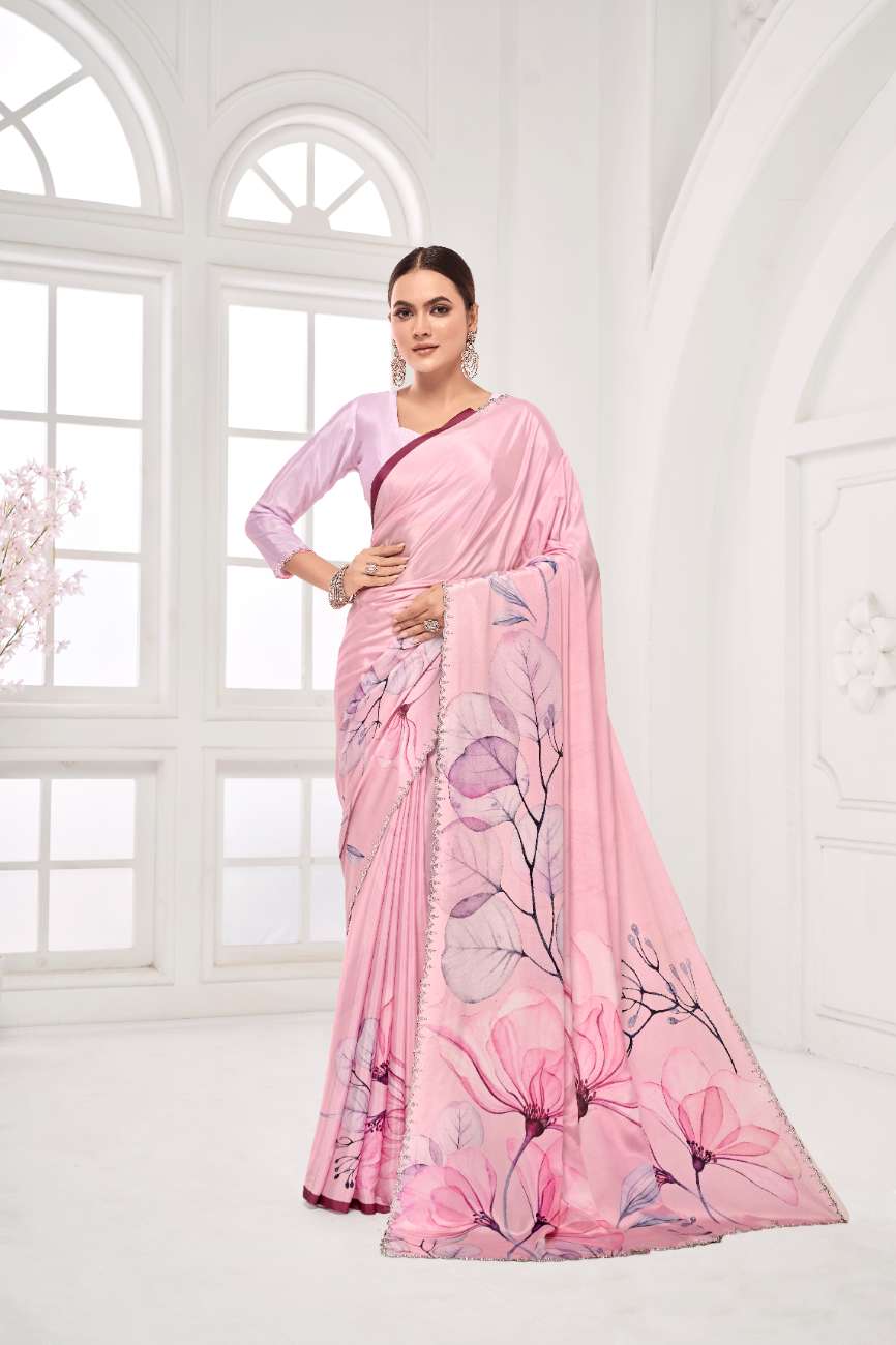 GARDERNIA – Crepe Silk Saree with Floral Print & Crystal Border