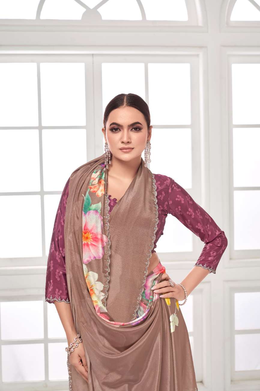 GARDERNIA – Crepe Silk Saree with Floral Print & Crystal Border