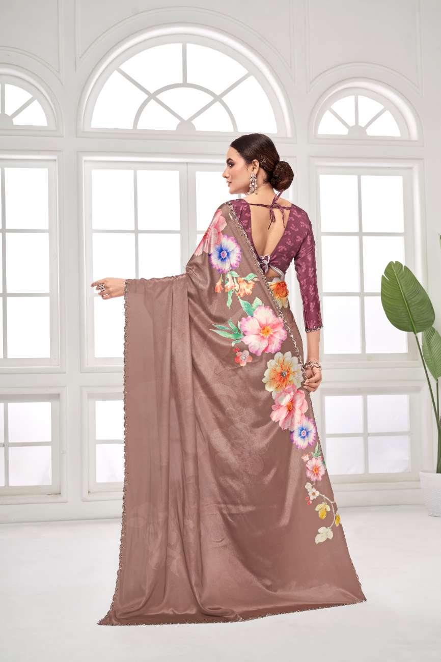 GARDERNIA – Crepe Silk Saree with Floral Print & Crystal Border