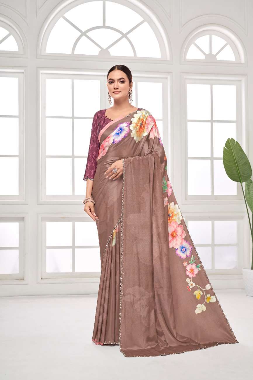 GARDERNIA – Crepe Silk Saree with Floral Print & Crystal Border