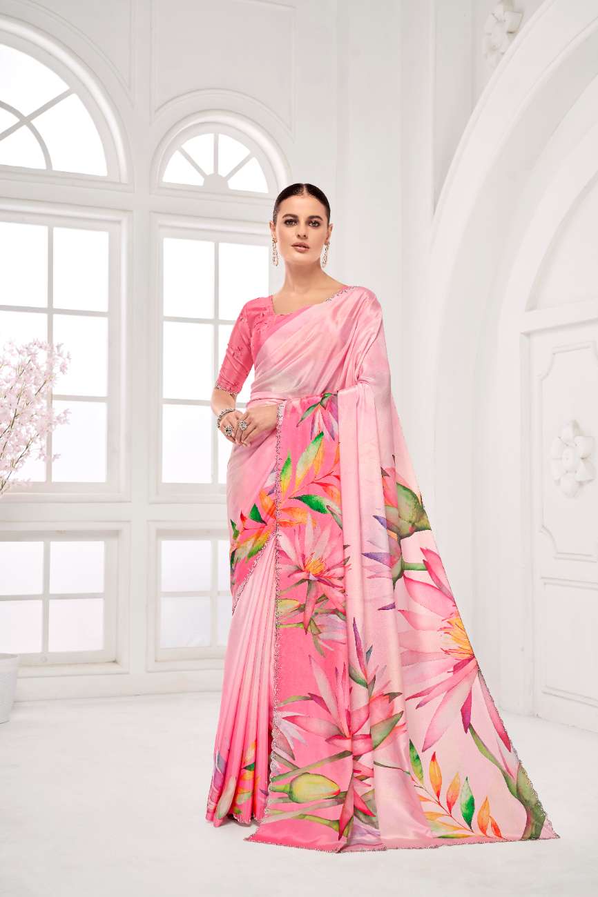 GARDERNIA – Crepe Silk Saree with Floral Print & Crystal Border