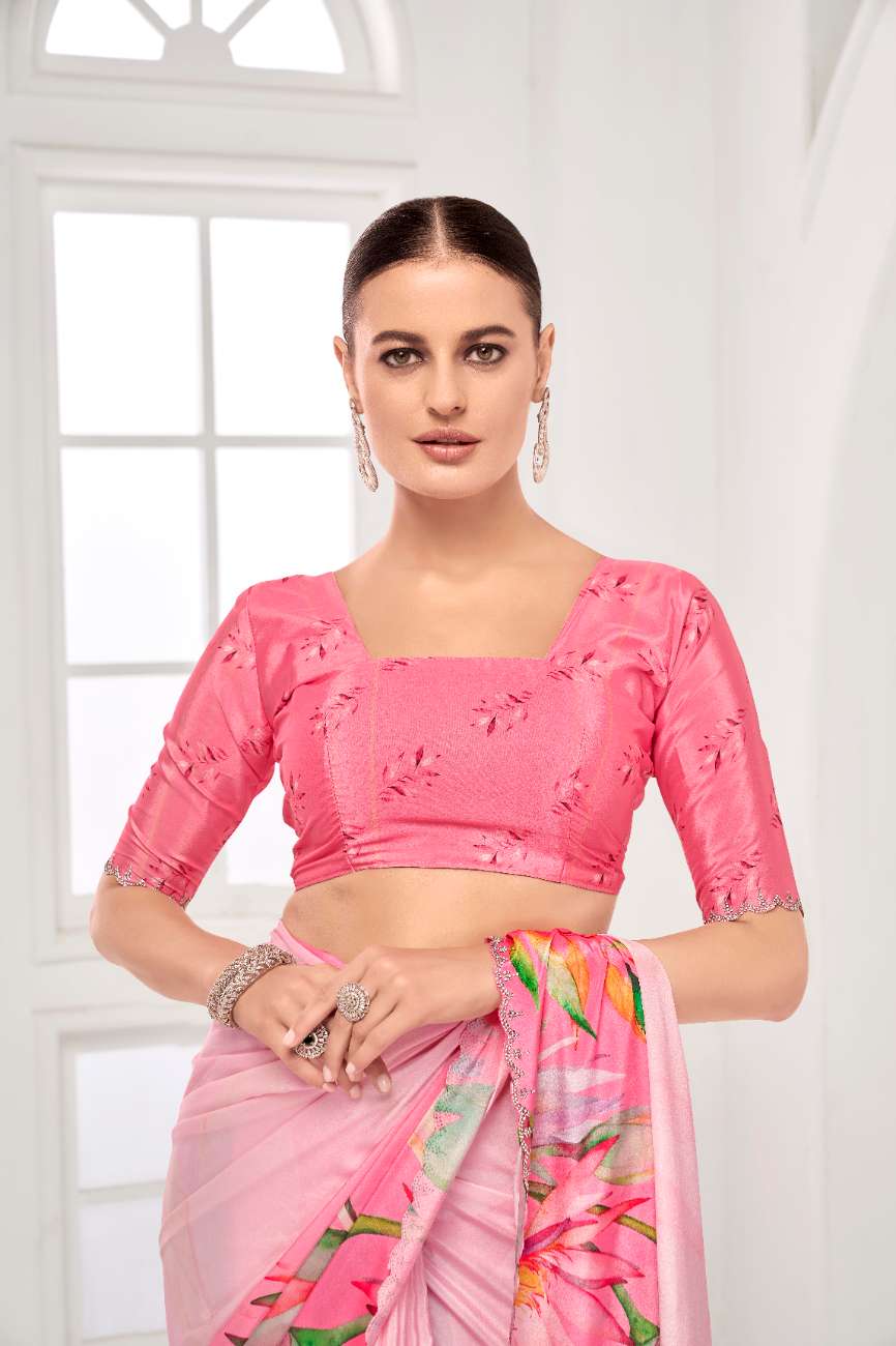 GARDERNIA – Crepe Silk Saree with Floral Print & Crystal Border