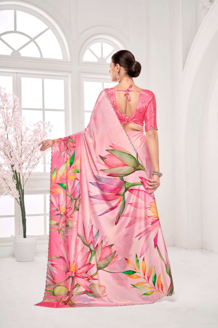 GARDERNIA – Crepe Silk Saree with Floral Print & Crystal Border