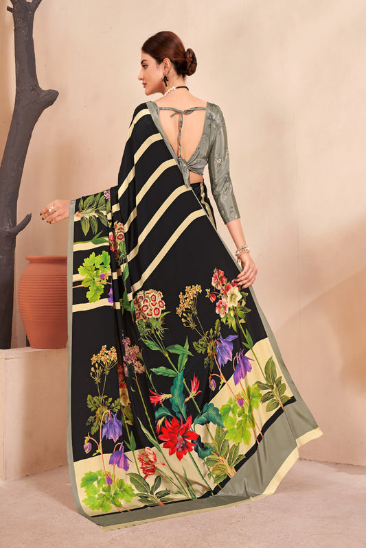 Jivora women crepe soft silk striped and floral printed saree with unstitched blouse.