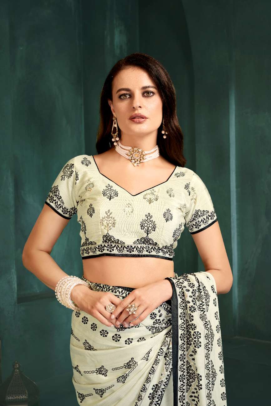 PURE BLISS – Elegant Crepe Silk Saree with Black & White Foil Position Print | Contemporary Luxury