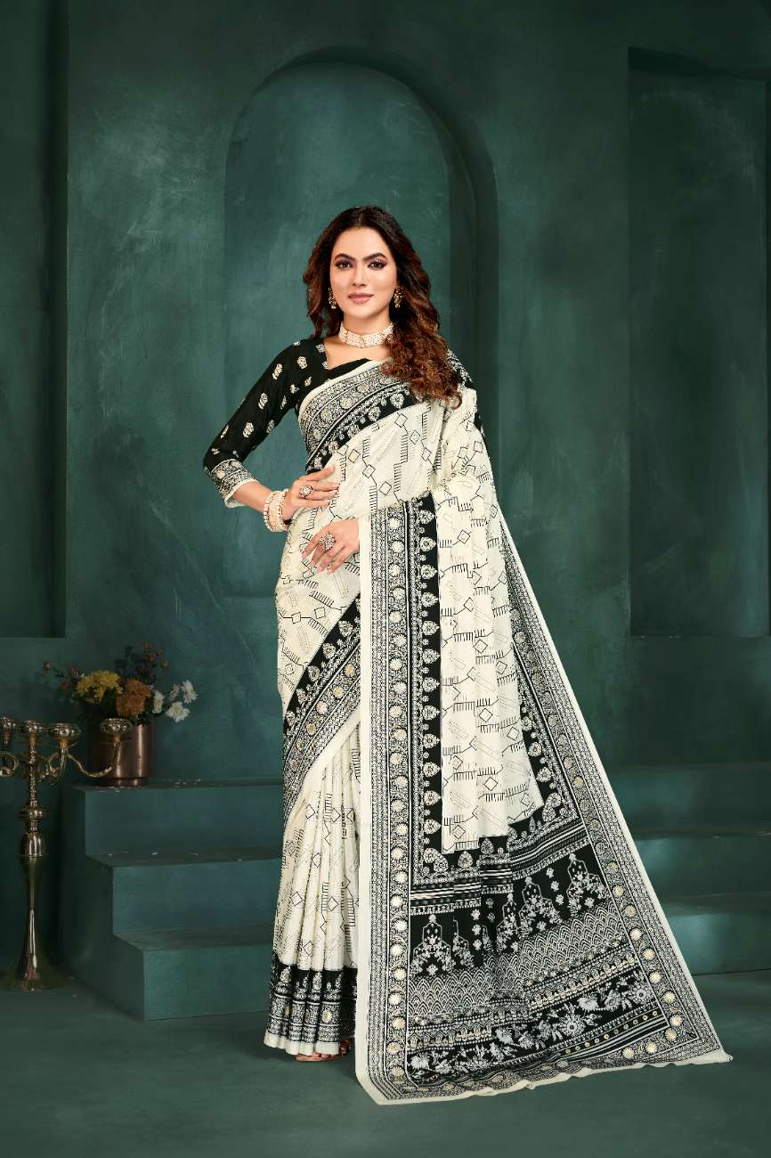 PURE BLISS – Elegant Crepe Silk Saree with Black & White Foil Position Print | Contemporary Luxury