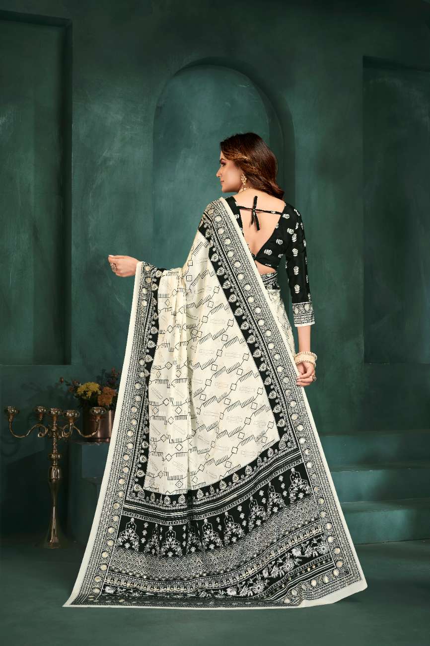 PURE BLISS – Elegant Crepe Silk Saree with Black & White Foil Position Print | Contemporary Luxury