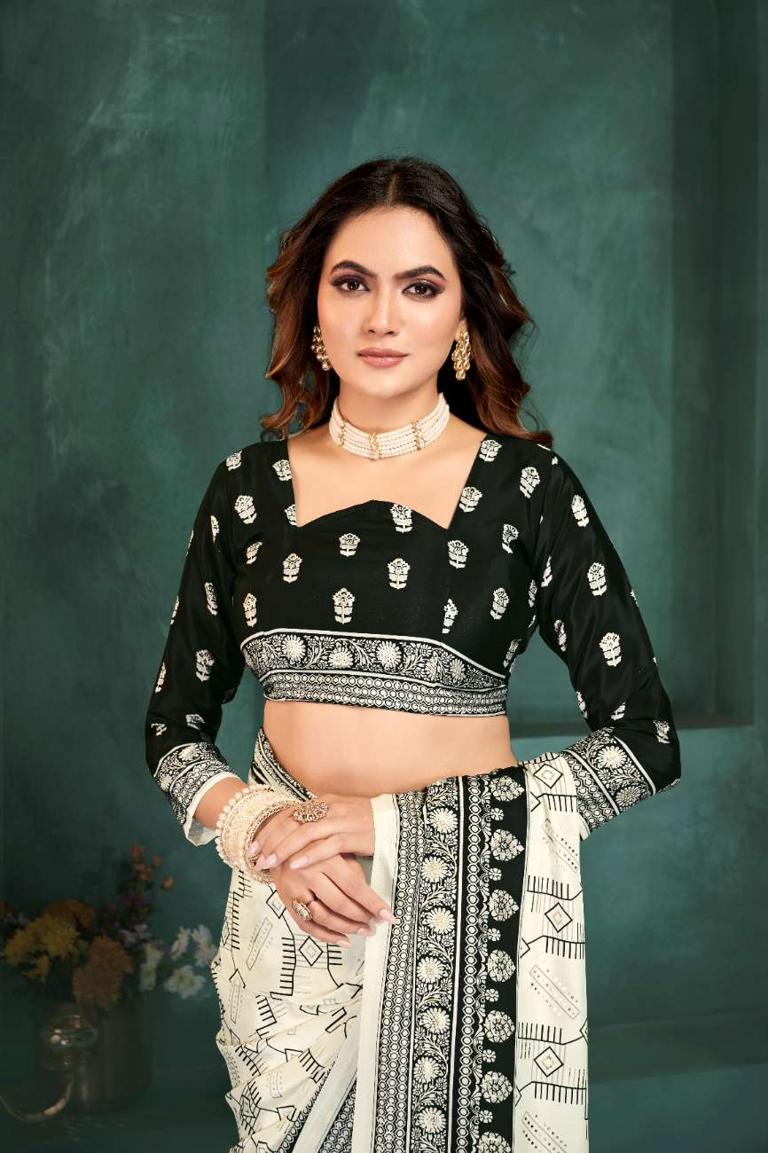 PURE BLISS – Elegant Crepe Silk Saree with Black & White Foil Position Print | Contemporary Luxury