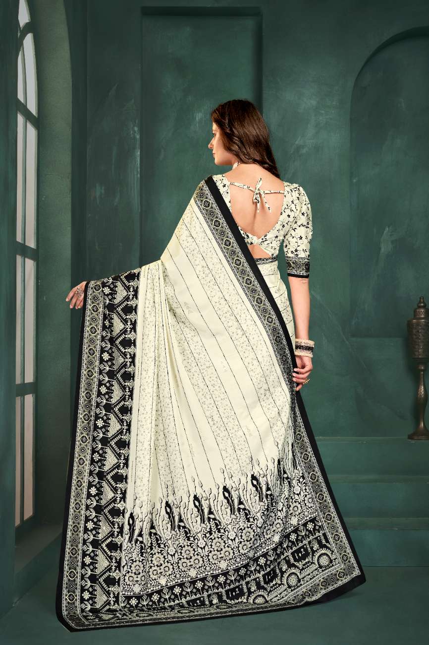 PURE BLISS – Elegant Crepe Silk Saree with Black & White Foil Position Print | Contemporary Luxury