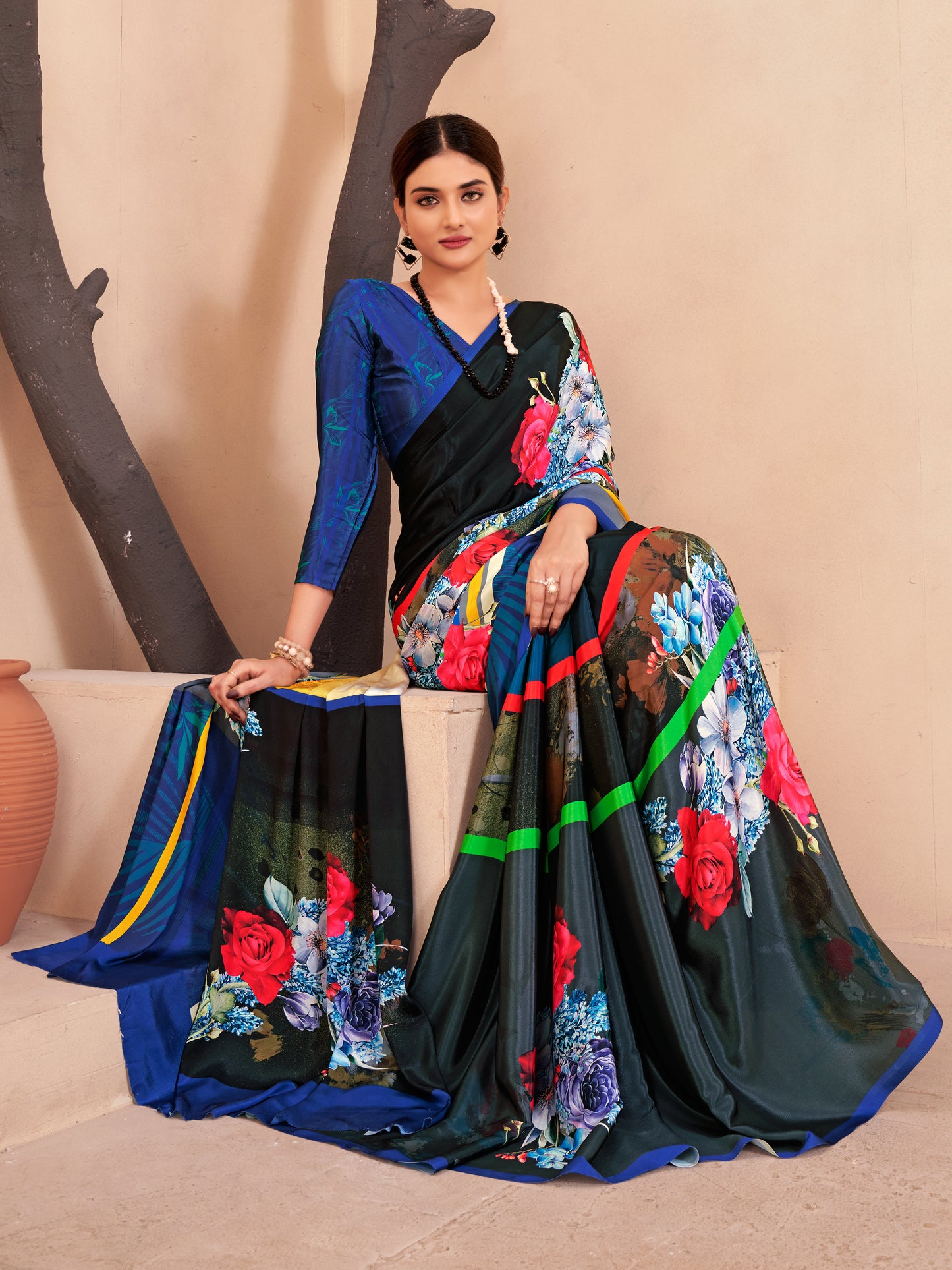 Jivora Women Crepe Soft Silk Striped And Floral Printed Saree with Unstitched Blouse.