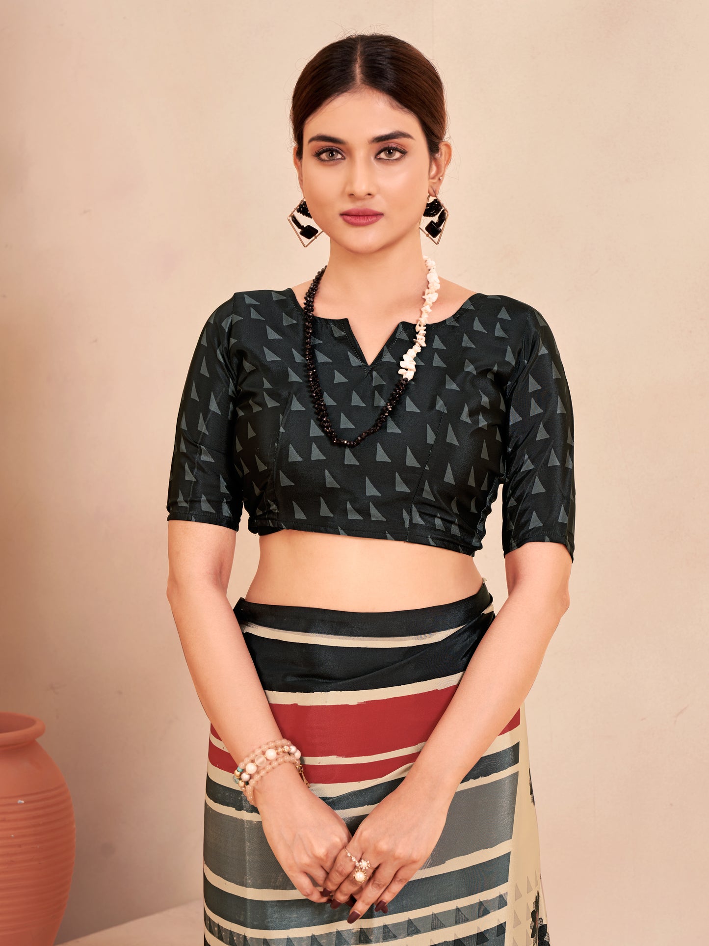 Jivora Women Crepe Soft Silk Striped And Floral Printed Saree with Unstitched Blouse.