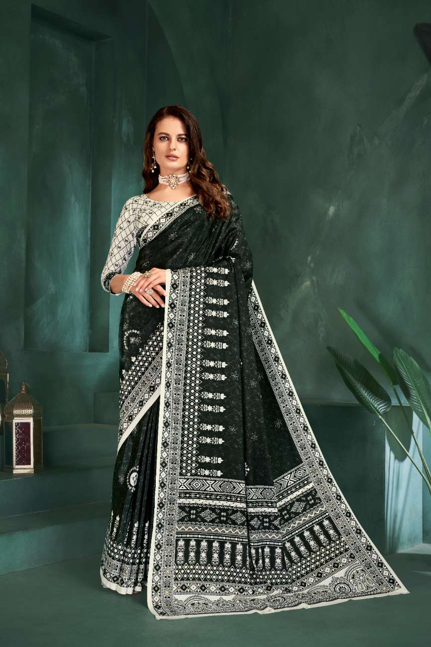 PURE BLISS – Elegant Crepe Silk Saree with Black & White Foil Position Print | Contemporary Luxury