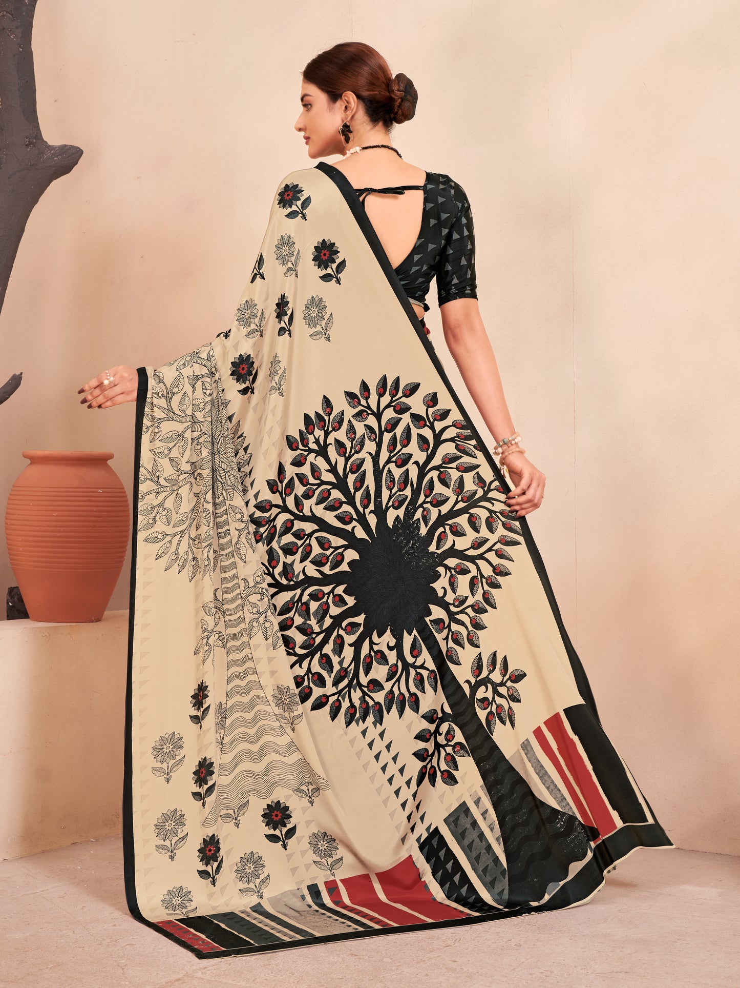 Jivora Women Crepe Soft Silk Striped And Floral Printed Saree with Unstitched Blouse.