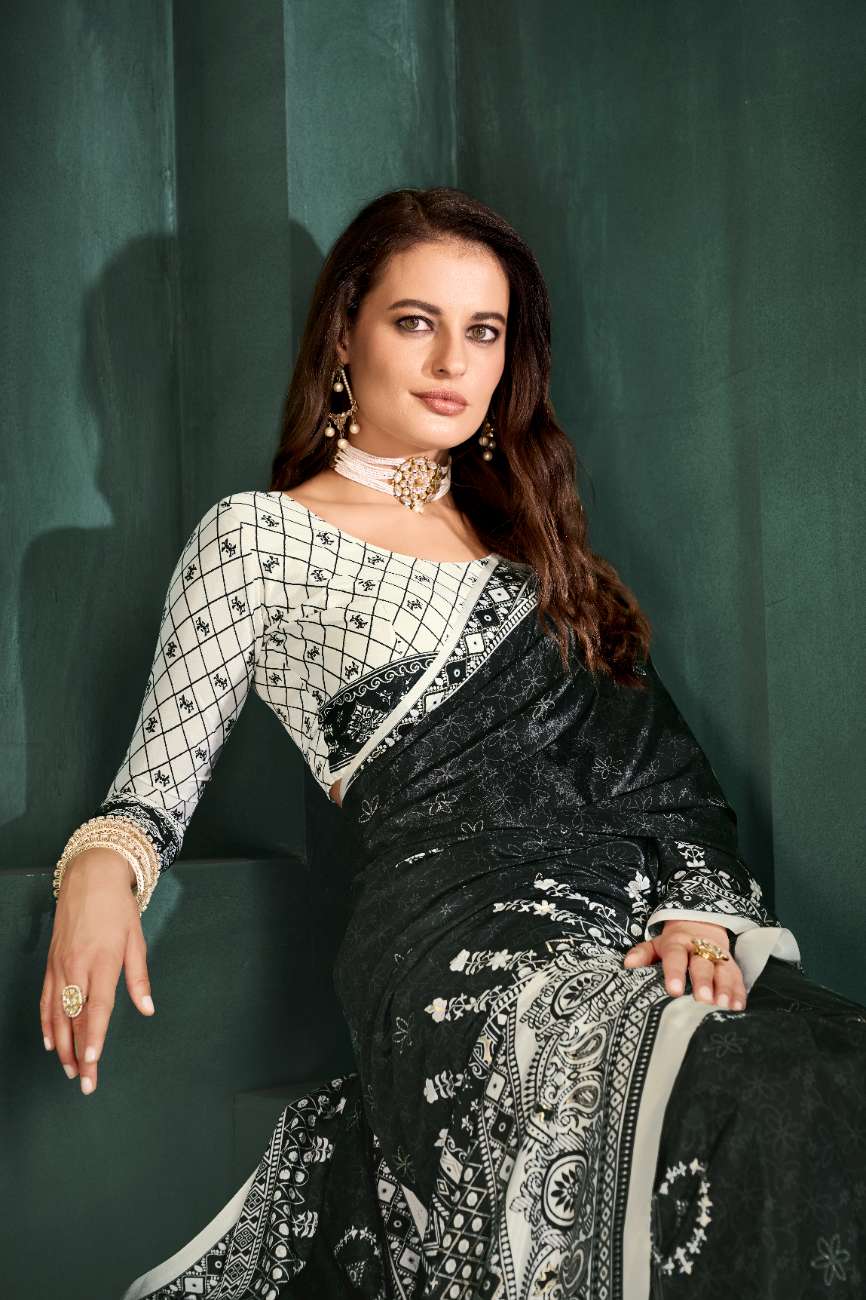 PURE BLISS – Elegant Crepe Silk Saree with Black & White Foil Position Print | Contemporary Luxury