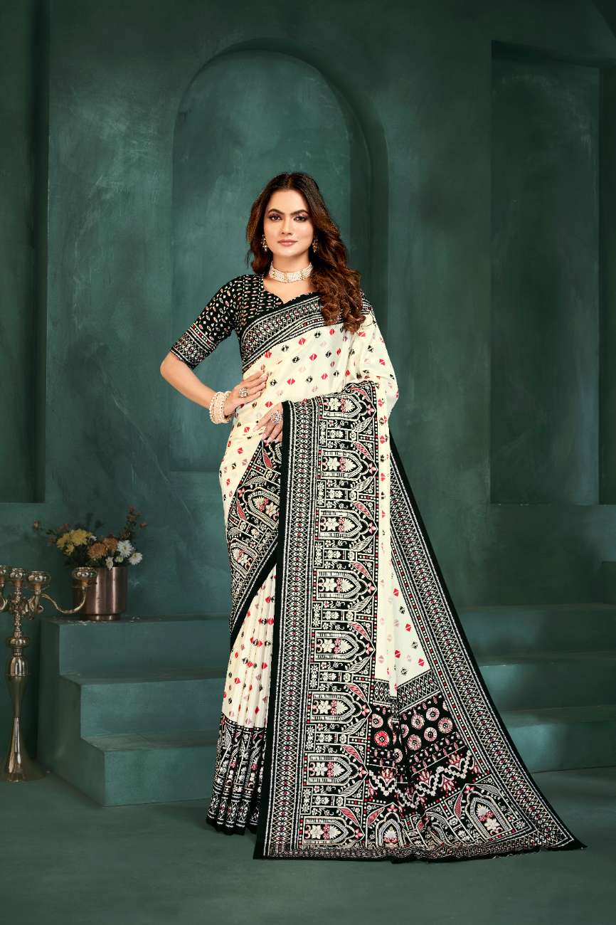 PURE BLISS – Elegant Crepe Silk Saree with Black & White Foil Position Print | Contemporary Luxury