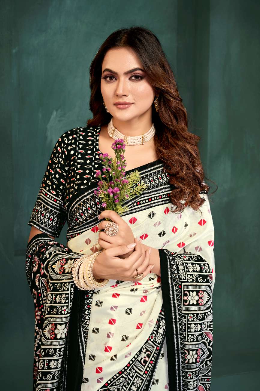 PURE BLISS – Elegant Crepe Silk Saree with Black & White Foil Position Print | Contemporary Luxury