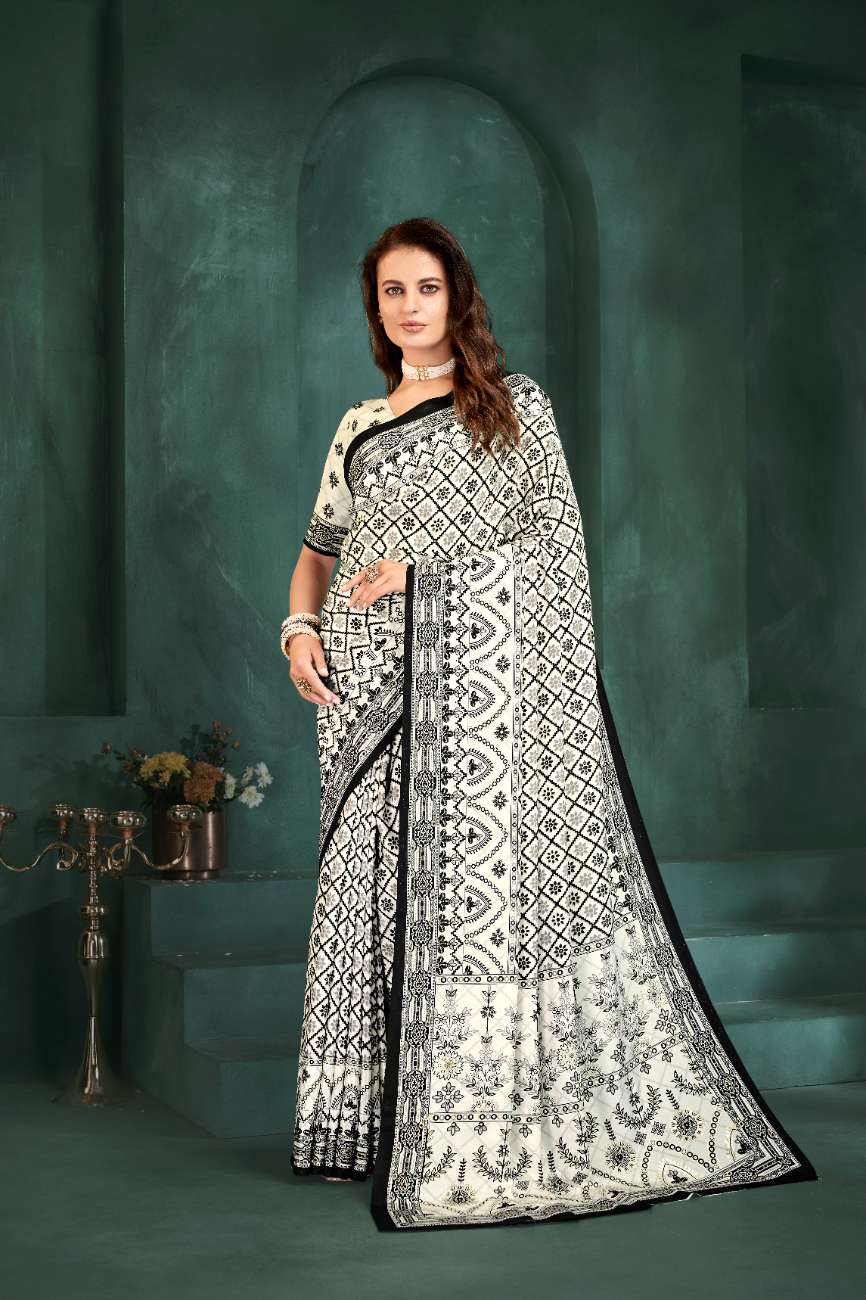 PURE BLISS – Elegant Crepe Silk Saree with Black & White Foil Position Print | Contemporary Luxury