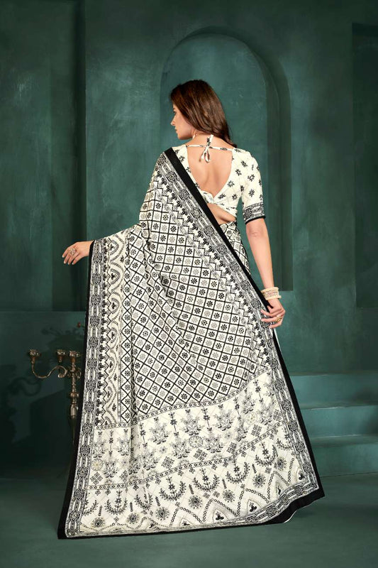PURE BLISS – Elegant Crepe Silk Saree with Black & White Foil Position Print | Contemporary Luxury