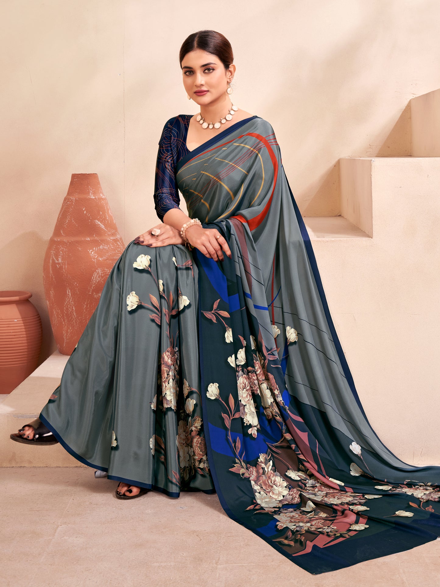 Jivora Women Crepe Soft Silk Striped And Floral Printed Saree with Unstitched Blouse.