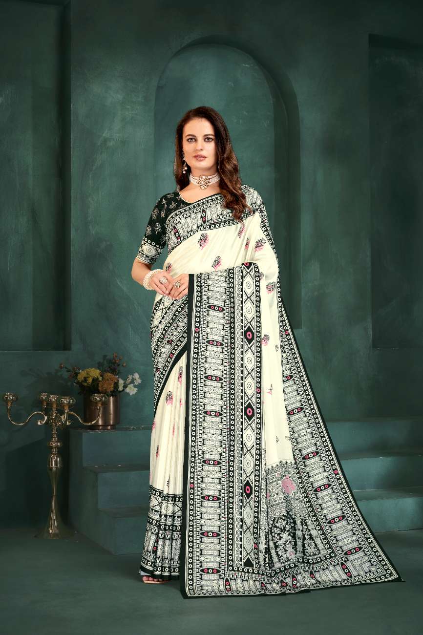 PURE BLISS – Elegant Crepe Silk Saree with Black & White Foil Position Print | Contemporary Luxury