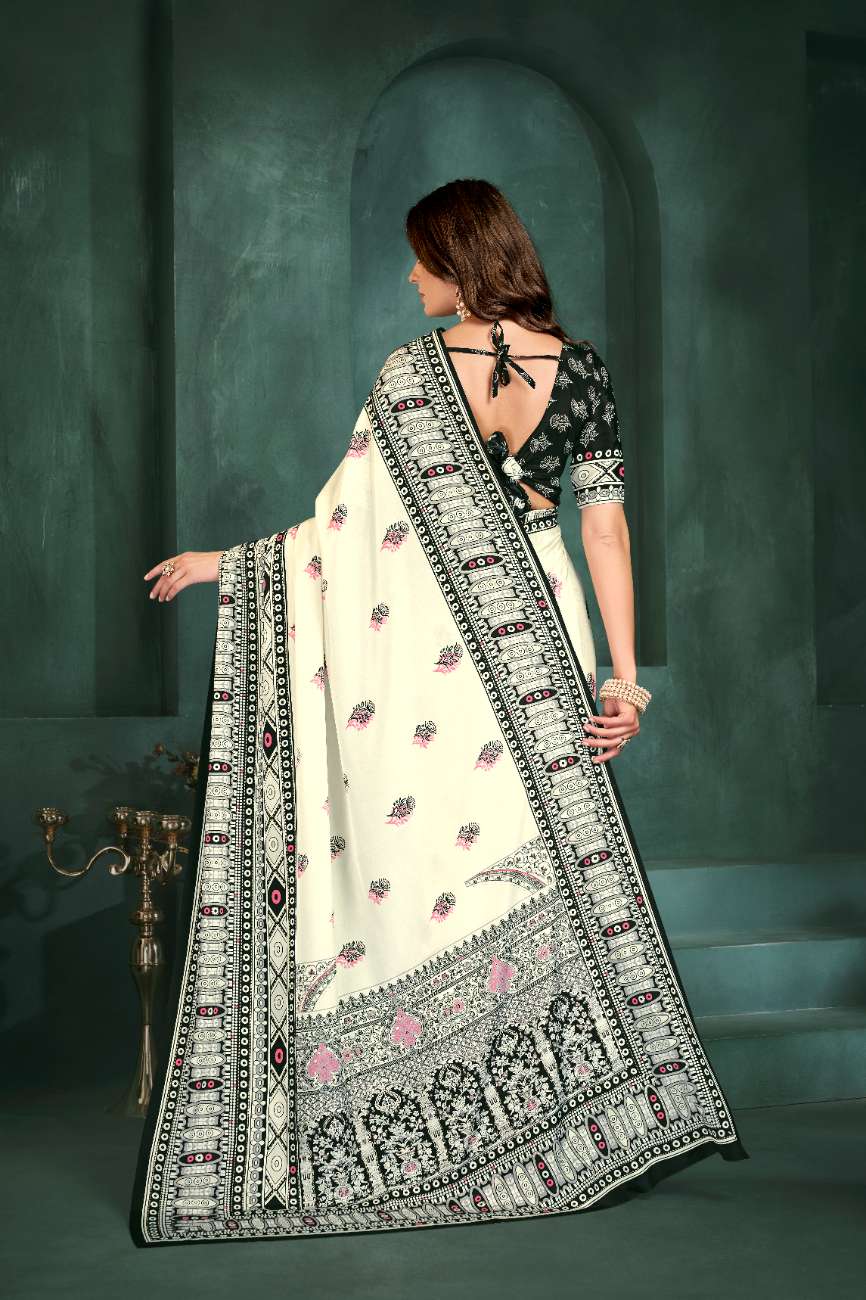 PURE BLISS – Elegant Crepe Silk Saree with Black & White Foil Position Print | Contemporary Luxury