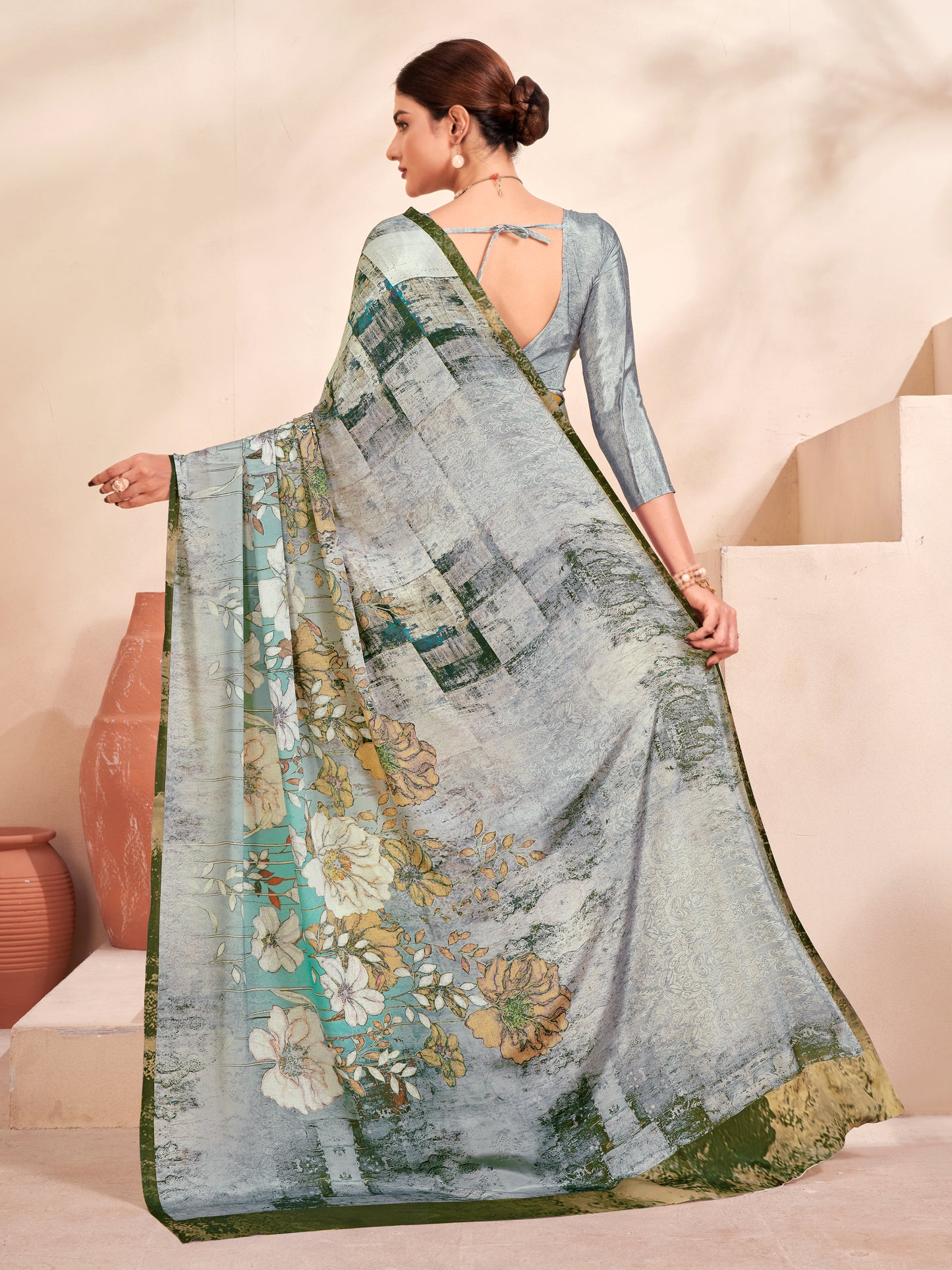 Jivora Women Crepe Soft Silk Striped And Floral Printed Saree with Unstitched Blouse.