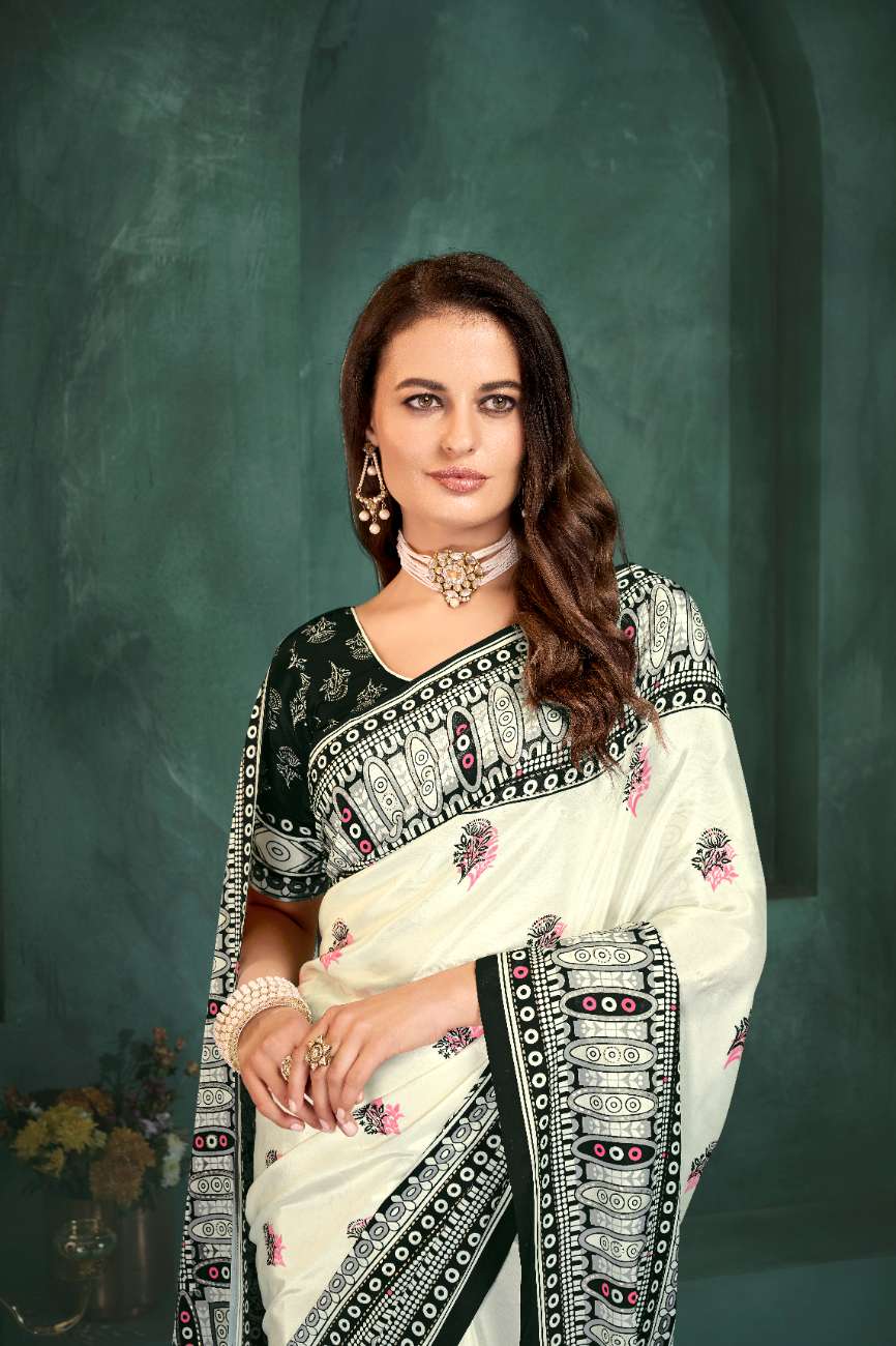 PURE BLISS – Elegant Crepe Silk Saree with Black & White Foil Position Print | Contemporary Luxury