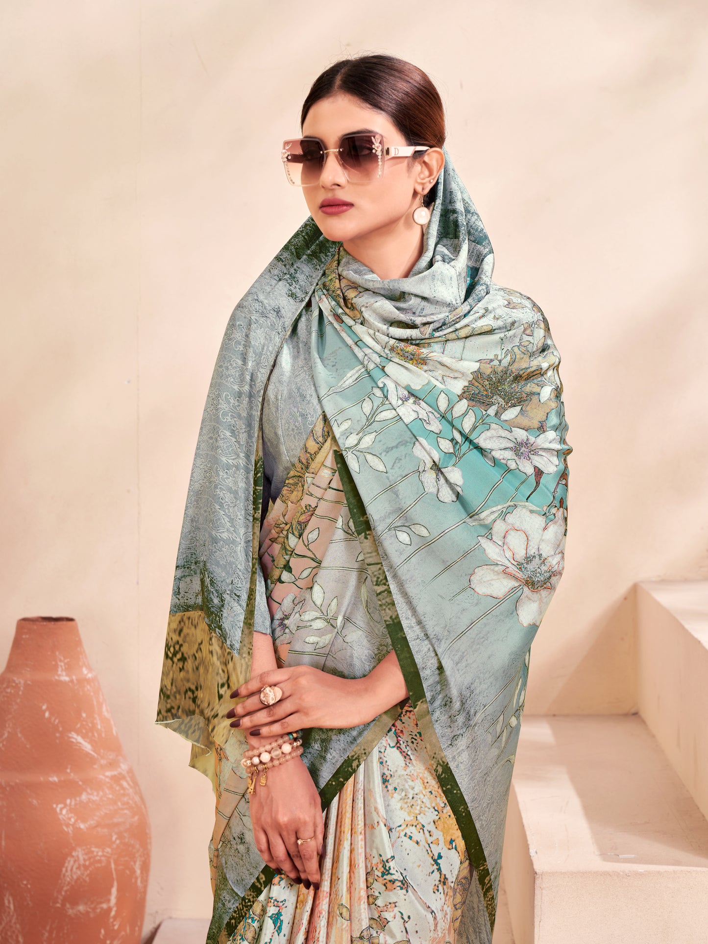 Jivora Women Crepe Soft Silk Striped And Floral Printed Saree with Unstitched Blouse.