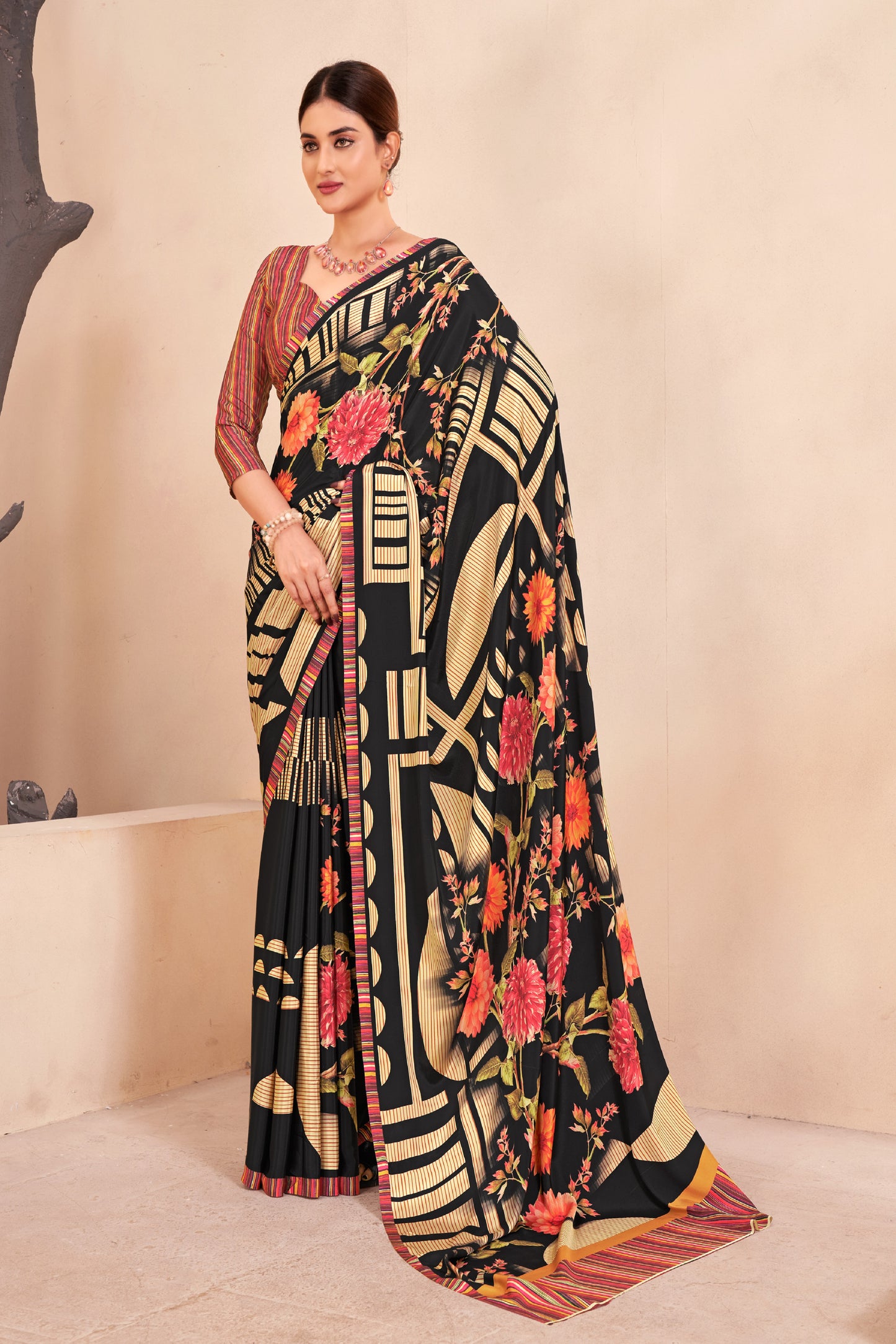 Jivora Women Crepe Soft Silk Striped And Floral Printed Saree with Unstitched Blouse.